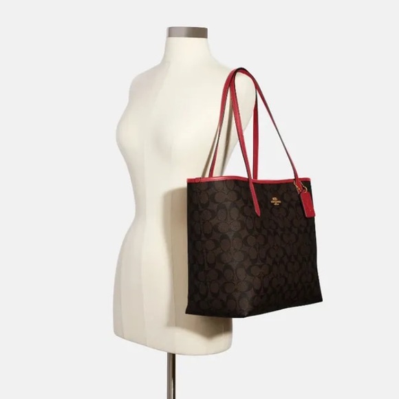 Coach NWT $398 Coach 5696 City Tote Signature Canvas Brown 1941 Red - Picture 10 of 13